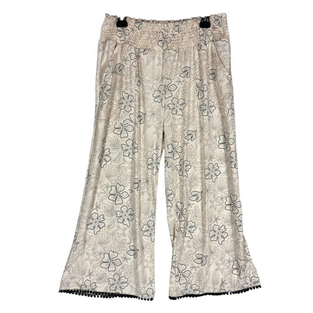 Robert Louis Pants Womens Large White Floral Crop Wide Leg Fringe Tropical